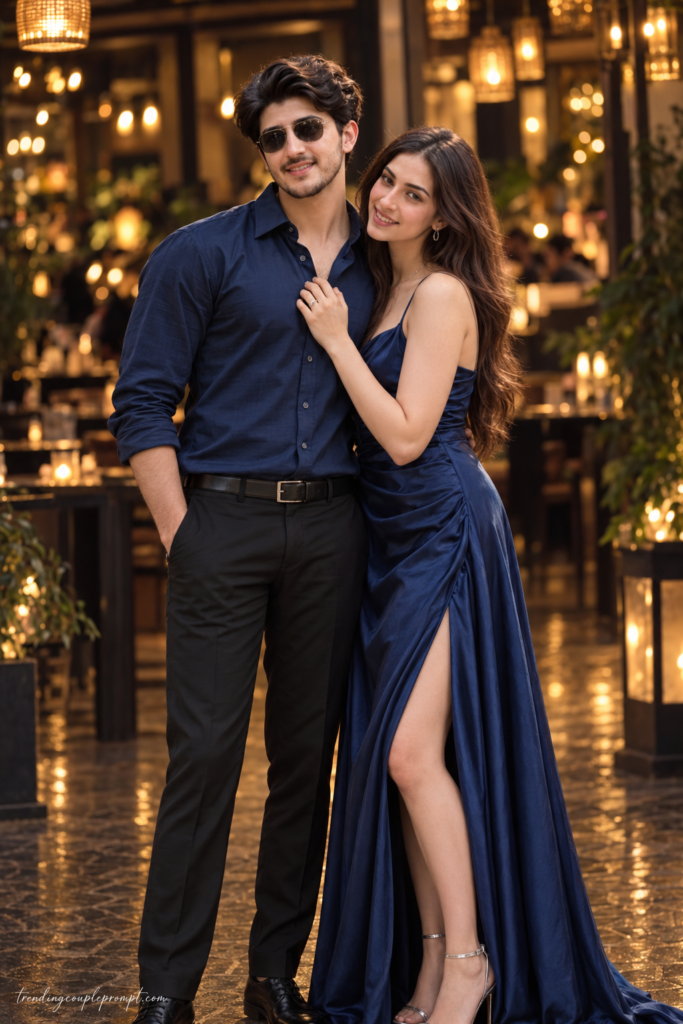 Romantic Couple Evening Photoshoot in Navy Blue Outfits